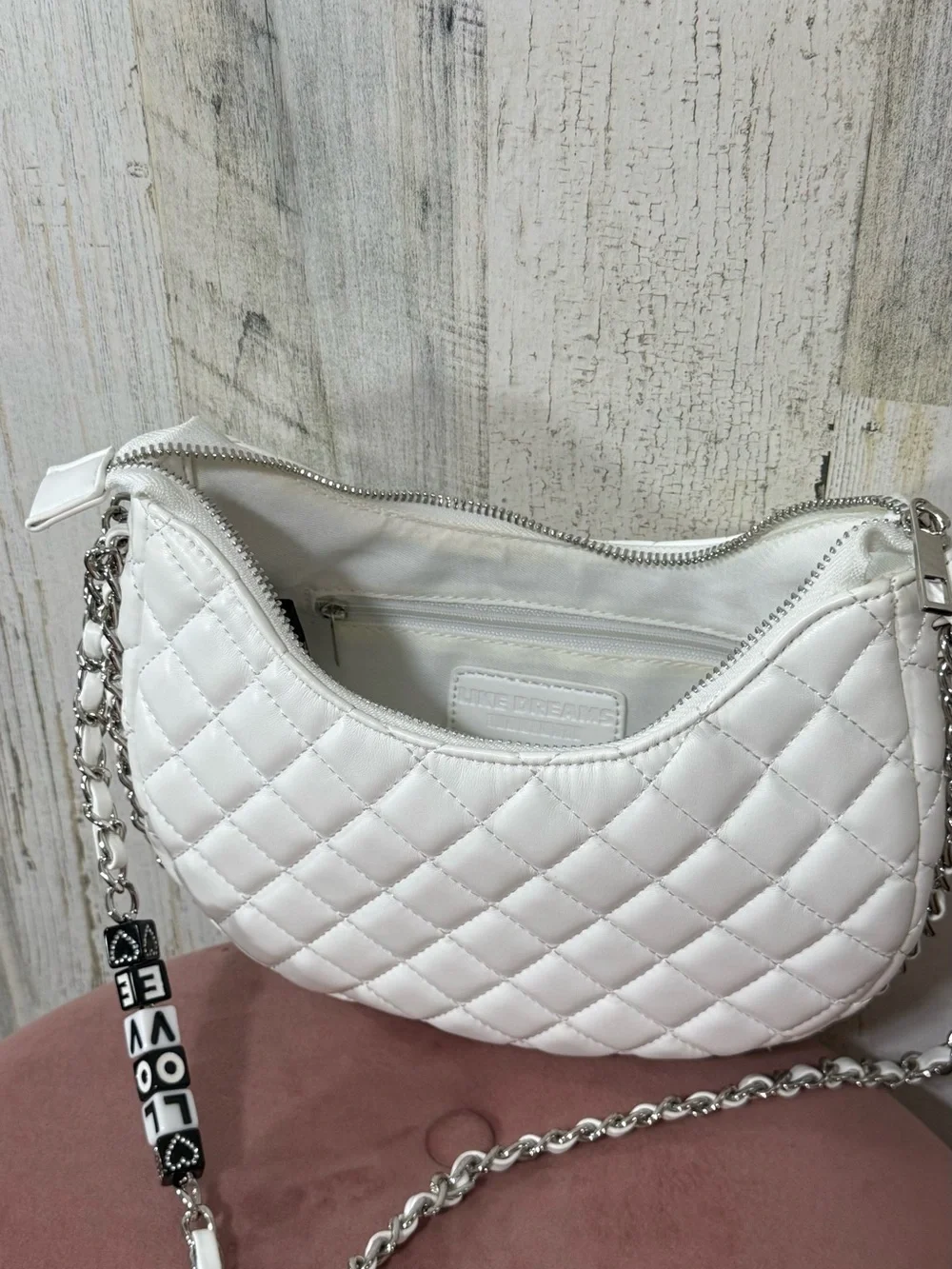 White Quilted Crossbody Bag with Chain Strap and Beaded 'LOVE' Accent